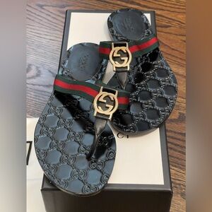 Gucci GG Interlocking Nylon Lifford Flat Thong Sandal size 35 1/5 Nero pre owned